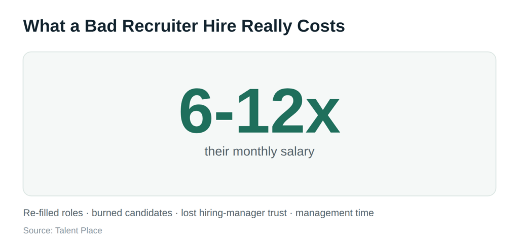 Stat callout showing that a bad recruiter hire costs six to twelve times their monthly salary